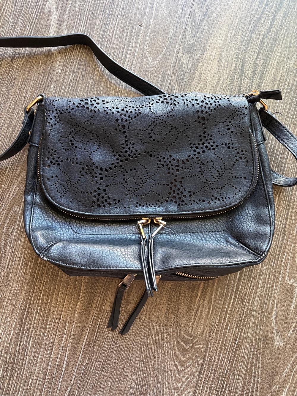 Urban Expressions Black Laser-Cut Flap Crossbody Bag